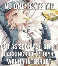 a girl is laying on a bed with a bag of chips next to her and a meme that says no one texts me