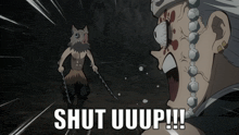 a cartoon of a man with a sword and the words shut uup