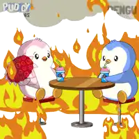 two penguins are sitting at a table with flames behind them and the word pudgy is on the bottom