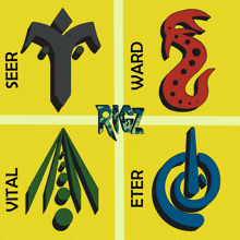 four symbols on a yellow background with the words seer ward vital and eter below them