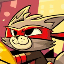 a close up of a cartoon cat wearing a red mask and a scarf .