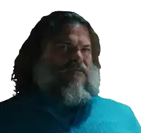 a man with a long beard is wearing a blue shirt