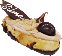 a piece of cake with a chocolate swirl that says ' silma ' on it