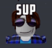 a roblox character wearing sunglasses and a plaid shirt with the word sup on his face .