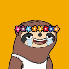 a cartoon sloth with a flower crown on its head is crying .