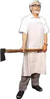 a man in a white apron is holding an axe