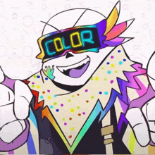 a cartoon character wearing a colorful outfit and a neon sign that says color