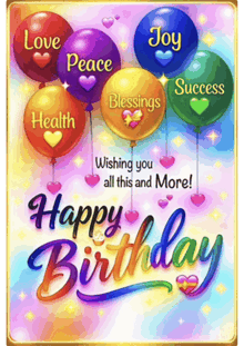 a happy birthday card with balloons that say love peace joy health and blessings