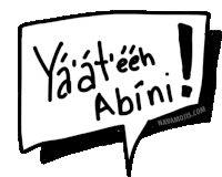 a black and white drawing of a speech bubble with the words yaaat eeh abini