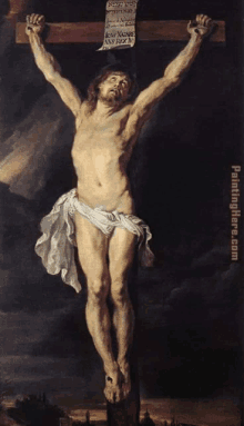 a painting of jesus hanging on a cross with the words paintinghere.com below it