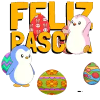 two penguins holding easter eggs in front of a sign that says " feliz pascoa "