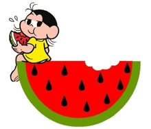 a girl is sitting on a slice of watermelon