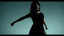 a woman in a black dress is dancing in front of a blue sky in a silhouette .