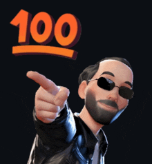 a man with a beard and sunglasses is pointing at a sign that says 100