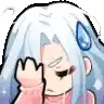 a pixel art illustration of a girl with long white hair covering her face .