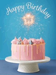 a pink birthday cake with sparklers on top is on a cake stand .