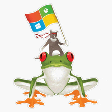 a cat is sitting on top of a frog holding a flag with windows on it