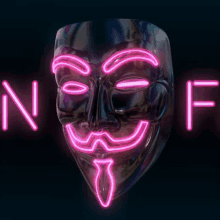 a neon anonymous mask with a beard and tie