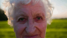 a close up of an elderly woman 's face with a field in the background