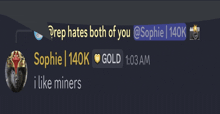a screenshot of a conversation between sophie 140k and rep hates both of you @sophie 140k