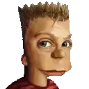 a close up of a cartoon character 's face with a red shirt on