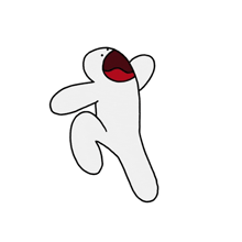 a white cartoon character with a red mouth is sitting down