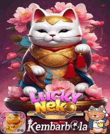 a poster for lucky neko with a cat and flowers