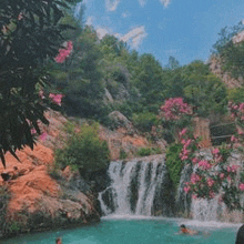 a waterfall is surrounded by trees and flowers in a lush green forest .