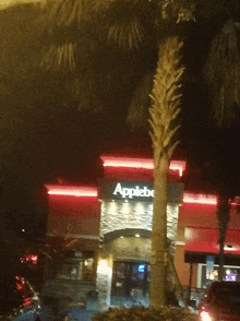 an applebee 's restaurant at night with palm trees in the foreground