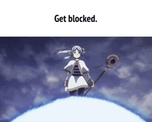 a picture of a girl with a cane and the words get blocked above her