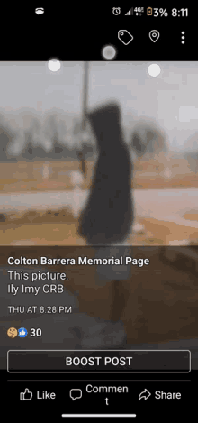 a memorial page for colton barrera is displayed on a phone