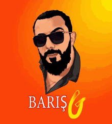 a drawing of a man with a beard wearing sunglasses and the name baris g