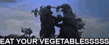 two monsters are fighting with the words eat your vegetablesss