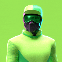 a person wearing a helmet and goggles with a green background