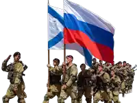 a group of soldiers marching in a line holding russian flags