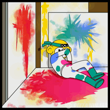 a cartoon of a ninja laying on the floor with paint splashing on the floor