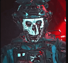 a man with a skull on his face is wearing a helmet and holding a backpack .