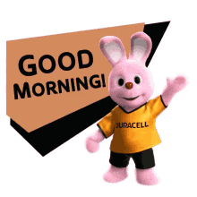 a pink bunny with a yellow shirt that says duracell on it