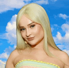 a woman with blonde hair is standing in front of a blue sky with clouds