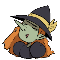 a cartoon drawing of a witch with a black hat and orange hair