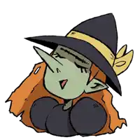 a cartoon drawing of a witch with a black hat and orange hair