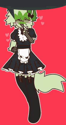 a drawing of a green fox wearing a maid outfit