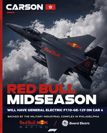 an advertisement for red bull midseason with a fighter jet flying in the sky