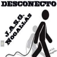 a black and white drawing of a person walking with the words desconecta j.a.s.g. nogallas below