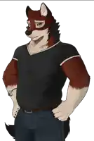 a furry man with his hands on his hips is wearing a black shirt