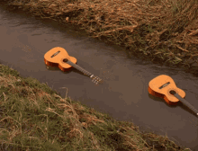 three guitars are floating in a stream and one of them has a sticker on it that says ' a '