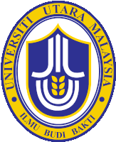 a blue and yellow logo for universiti utara malaysia with a shield in the center