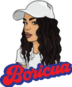 a cartoon of a woman wearing a baseball cap with the name boricua written on it .