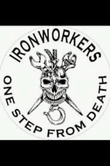 a black and white logo for iron workers with a skull and crossed knives