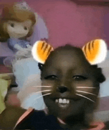 a little girl is wearing a cat mask with a princess sofia doll in the background .